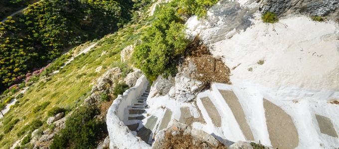 Access stairs and through the valley to Pythagoras cave, Greece, the island of Samos